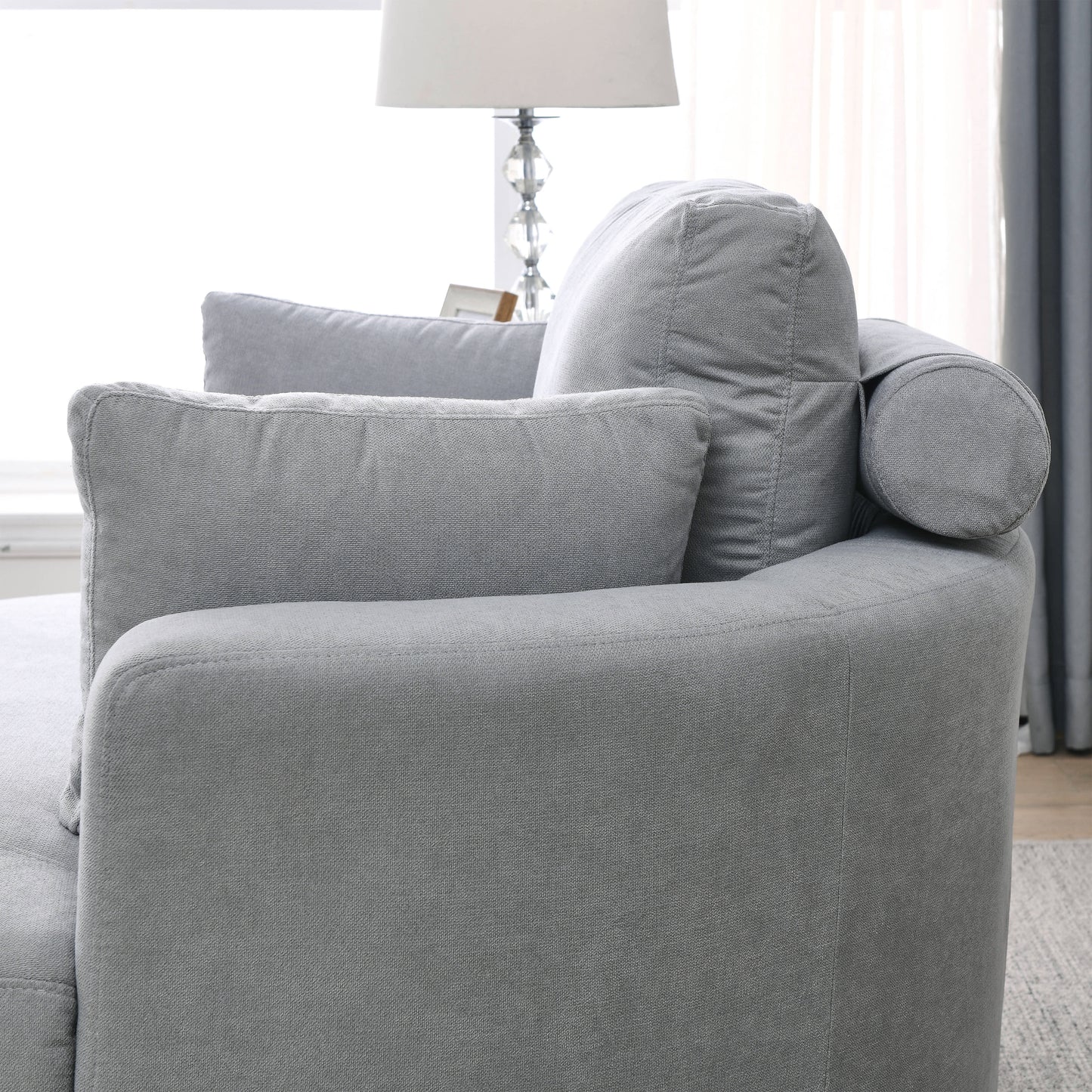 Swivel Accent Barrel Modern Grey Sofa Lounge Club Big Round Chair with Storage Ottoman Linen Fabric for Living Room Hotel with Pillows