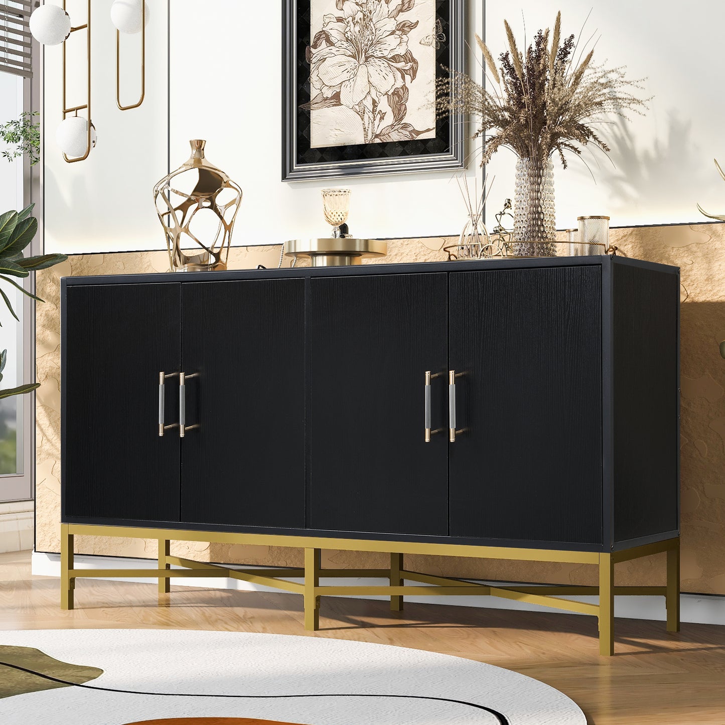 Distinctive Features of Four-Door Sideboard with Metal and Cross-Leg Design,Suitable for Living Rooms,Entrance and Study