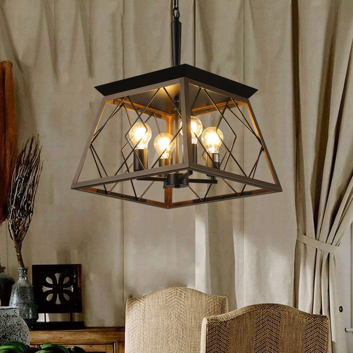 Farmhouse Chandelier 4-Light Vintage Antique Chandeliers Light Fixture For Kitchen Dining Room Living Room Walnut(No bulbs)