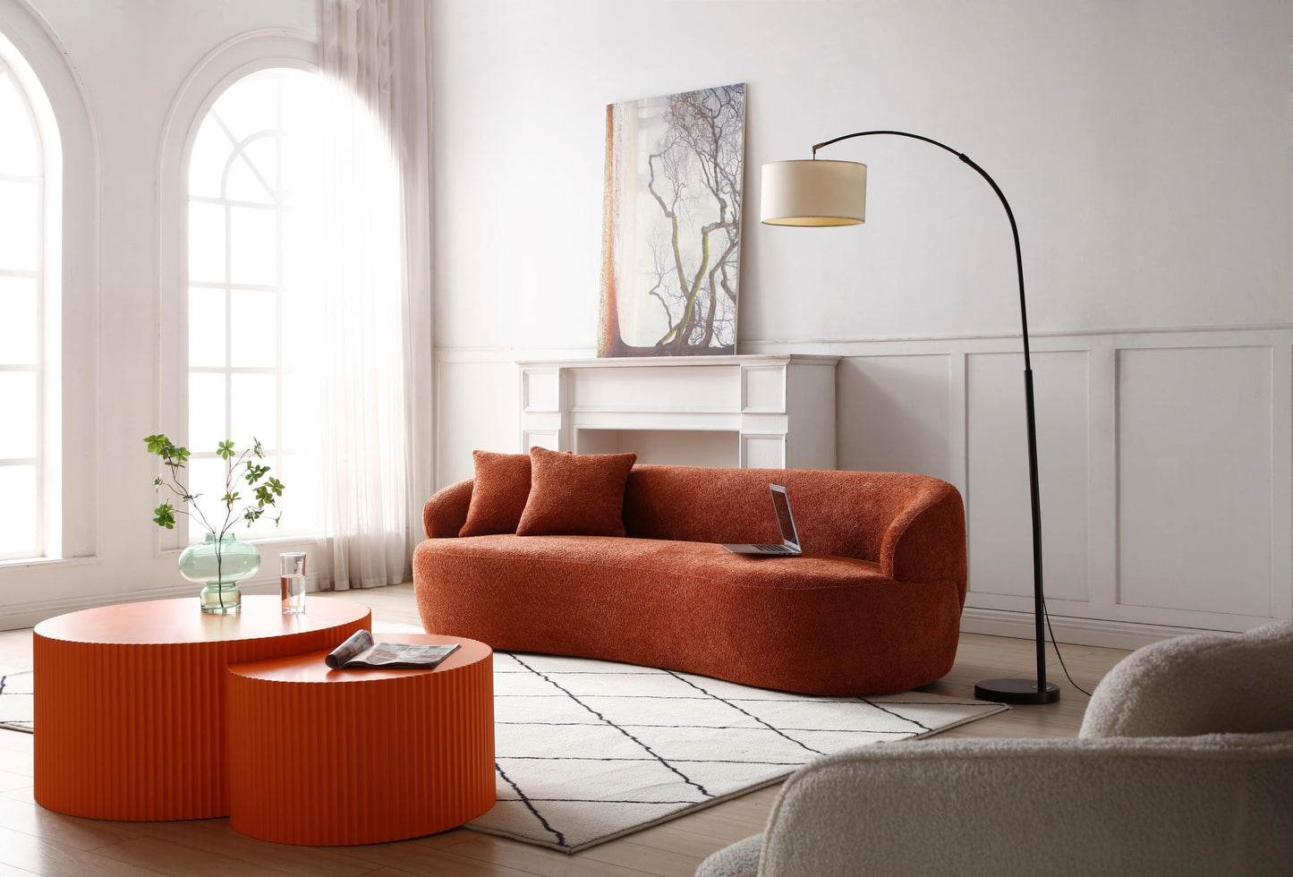 ORANGE Mid Century Modern Curved Sofa, 3 Seat Cloud couch Boucle sofa Fabric Couch for Living Room, Bedroom, Office