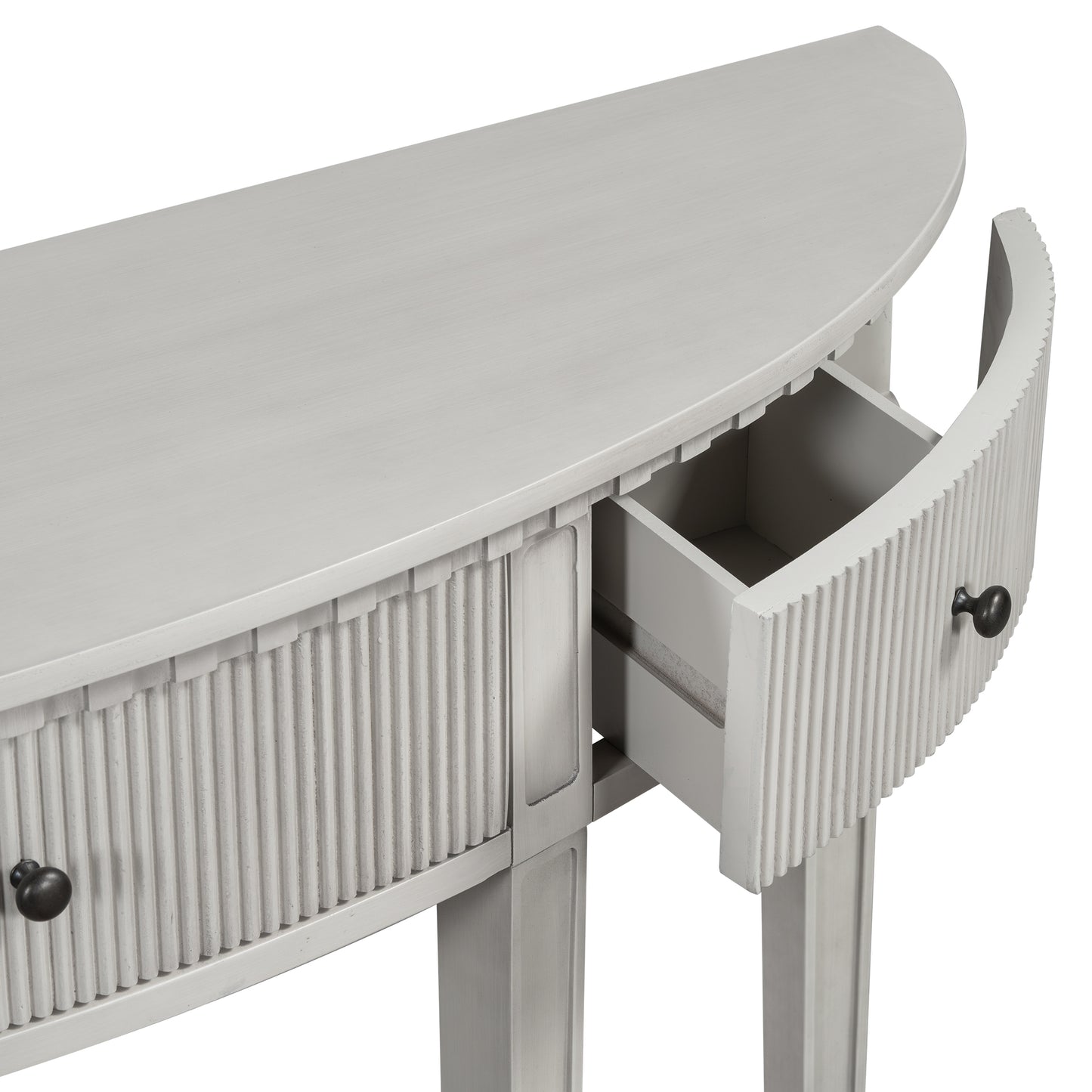 Distinctive Features of Pine Veneer Console Table with Vertical Stripe Drawer Fronts and Four Legs