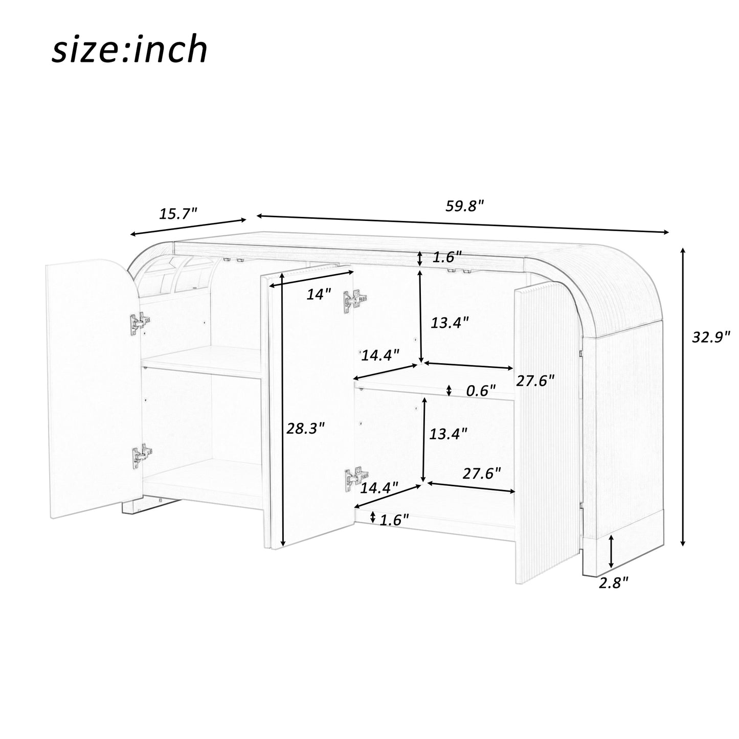 4-door Curved Corner Design Wavy Door Panel Cabinet with Adjustable Shelves, Suitable for Study, Living Room and Entrance