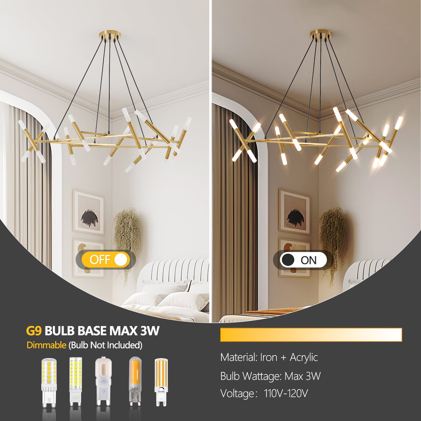 Golden Modern Chandelier Light Fixture, Branch Design with Frosted Tubes, Black Cords, Adjustable Height Pendant Light for Dining Room, Living Room, or Kitchen Island (Bulb Not Included)