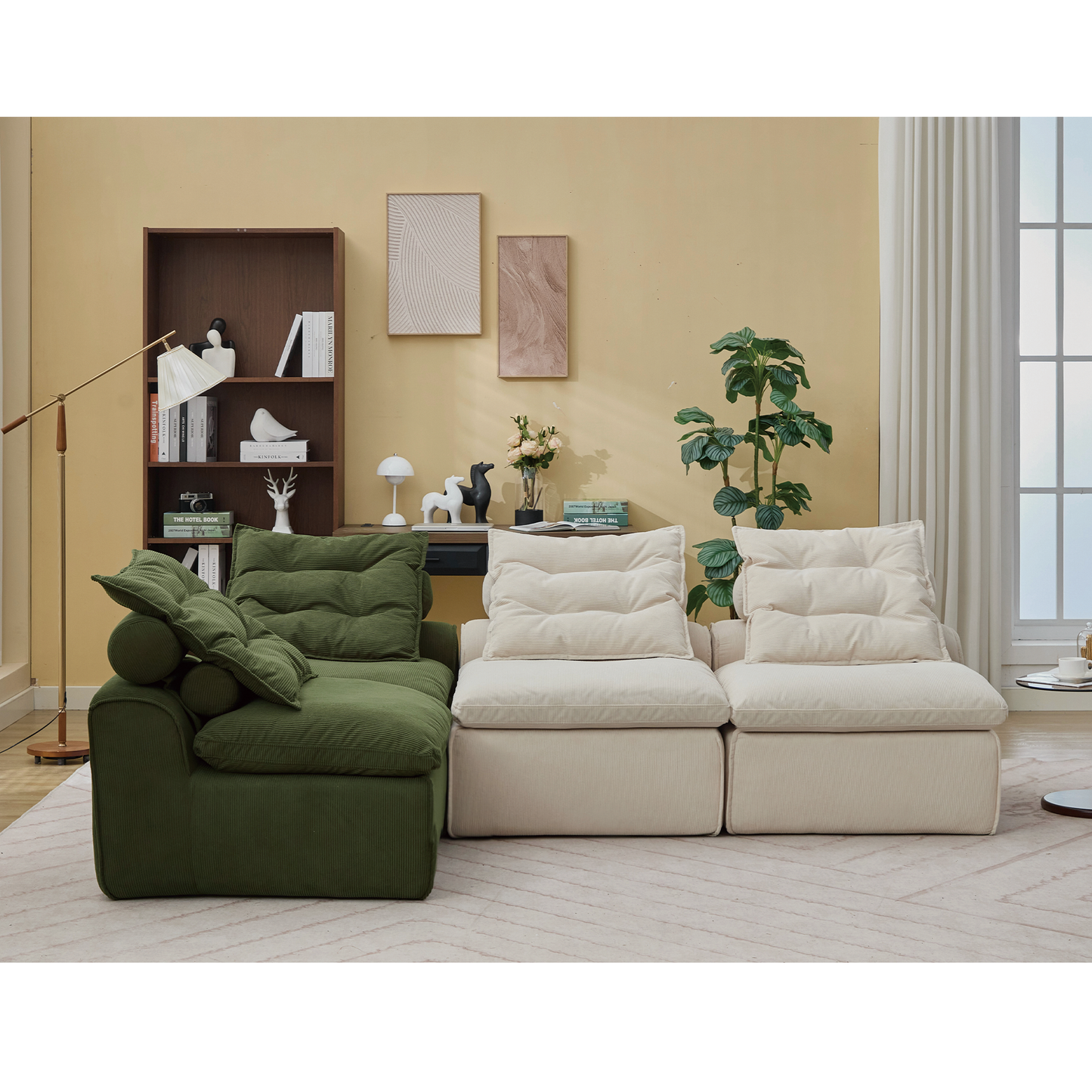 Modular Sofa,No Armrests,At will DIY,Corduroy ,Neck Pillow-Back Lounge Sofa Chair,Reading Nook, or Apartment Living, Lumbar Pillow,4 Seats,Upholstered,Beige,Green