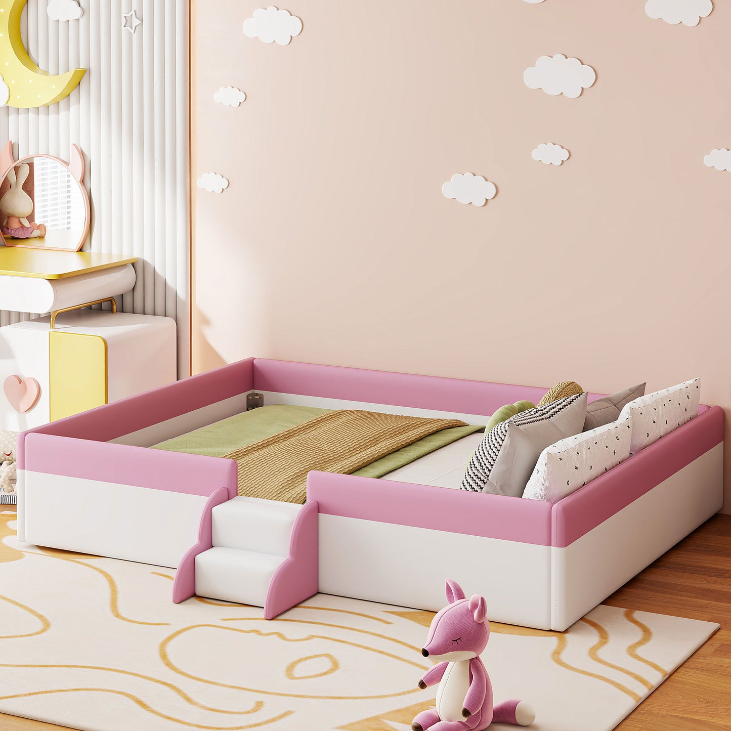 King Size Upholstered  Daybed Frame with Fence and Stairs,(PINK+WHITE)(OLD SKU:SF000156AAH)