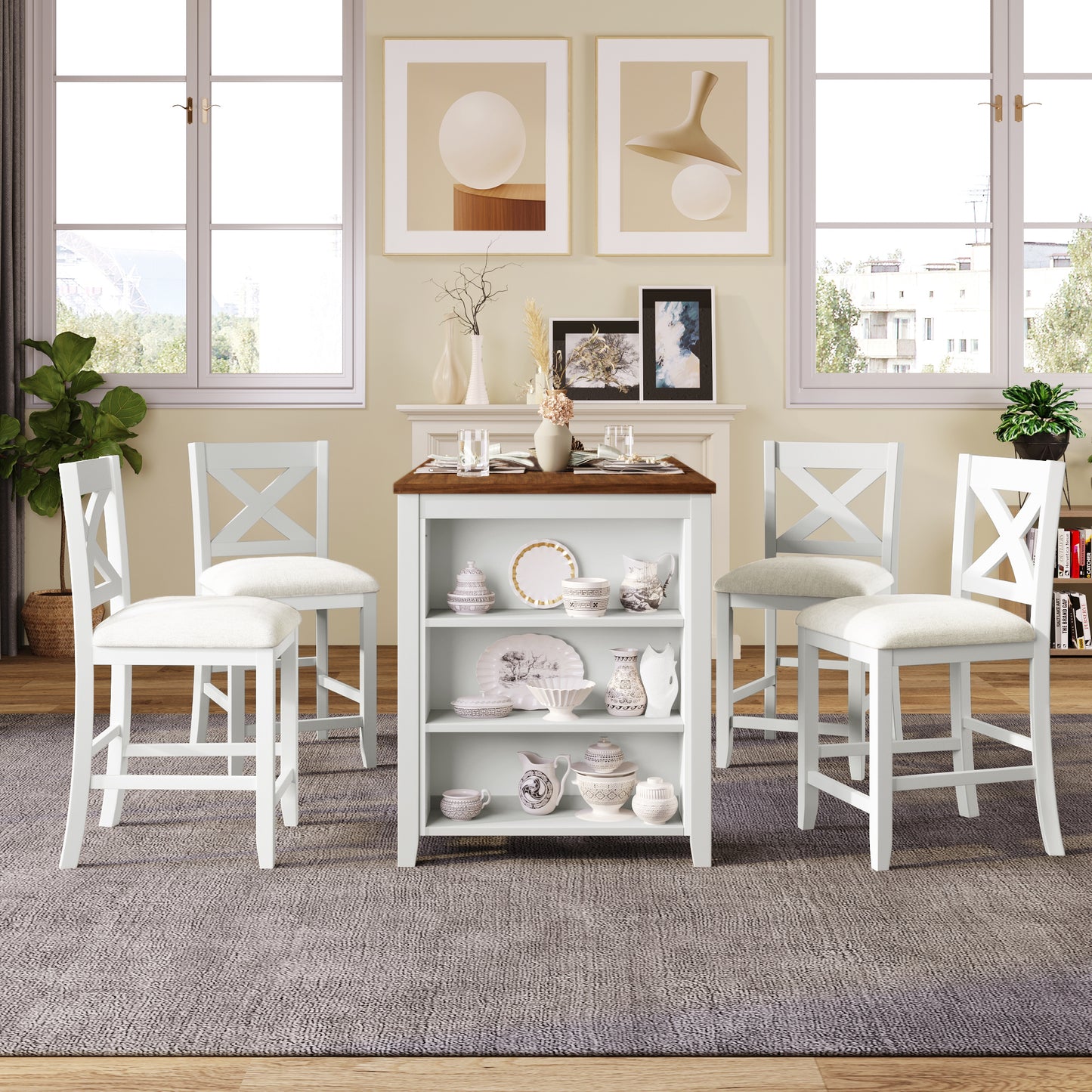 5 Pieces Counter Height Rustic Farmhouse Dining Room Wooden Bar Table Set with 4 Chairs