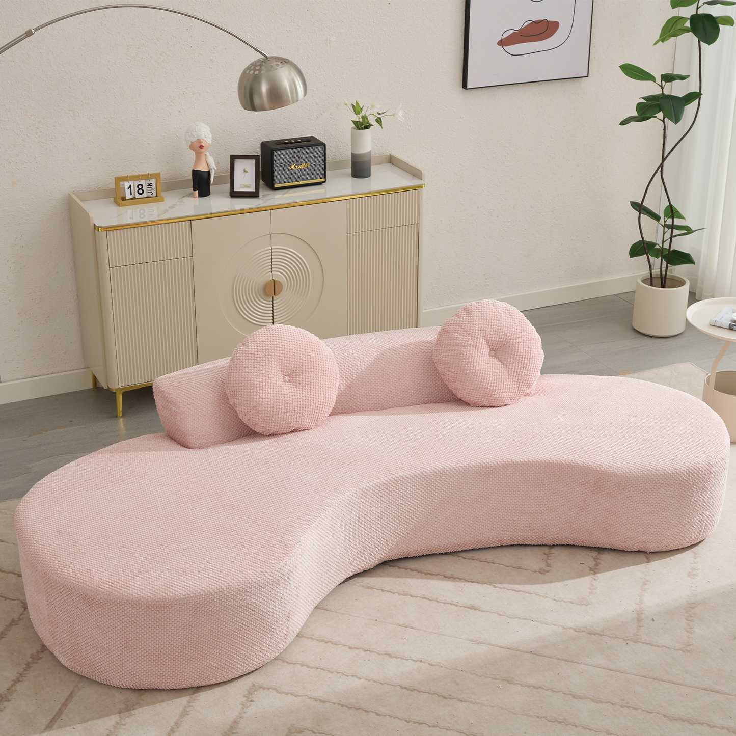 105.5''Curved Sofa, Modern Minimalist Sofa, Cloud Couch Sofa 3-4 Seater Couch with 2 Pillows,Bedroom,  No Assembly Required, Point-shaped corduroy,(Anti-Wrinkle) ,Pink