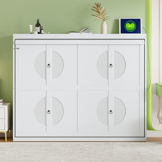 Murphy Wall Bed Queen White and Gray Wood with Storage for Bedroom and Guest Room