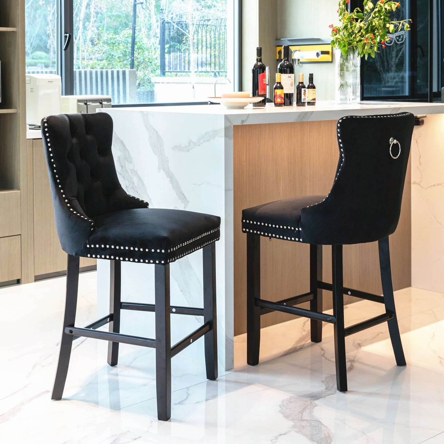 Contemporary Velvet Upholstered Barstools with Button Tufted Decoration, Wooden Legs, and