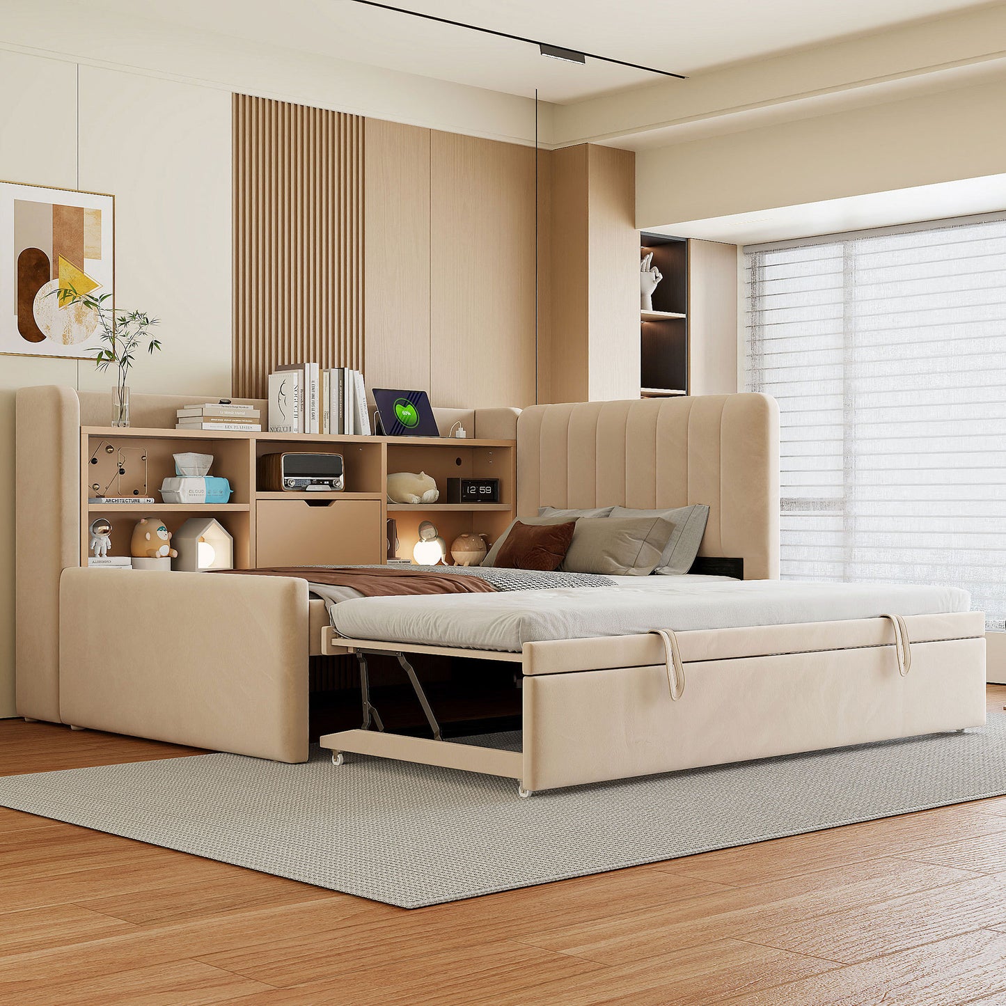 Twin Size Upholstered Daybed with Trundle, Storage Shelves, USB & Outlet