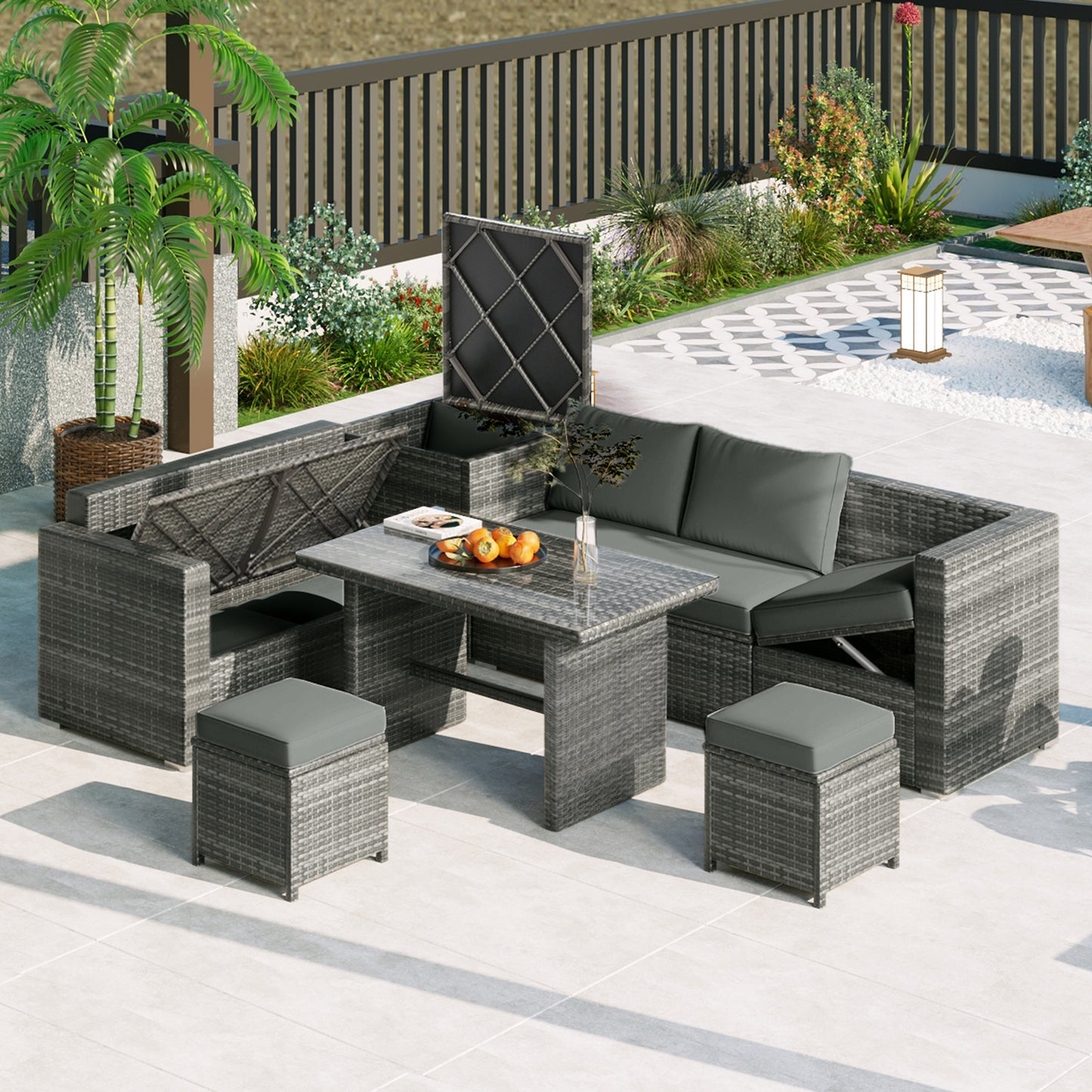 Outdoor 6-Piece All Weather PE Rattan Sofa Set, Garden Patio Wicker Sectional Furniture Set with Adjustable Seat, Storage Box, Removable Covers and Tempered Glass Top Table