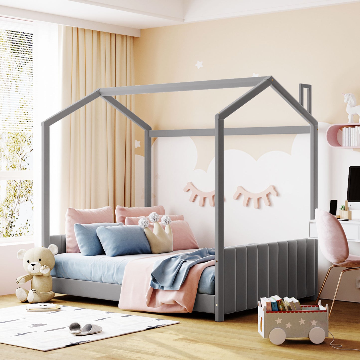 Full Size Velvet House Bed Wood Bed