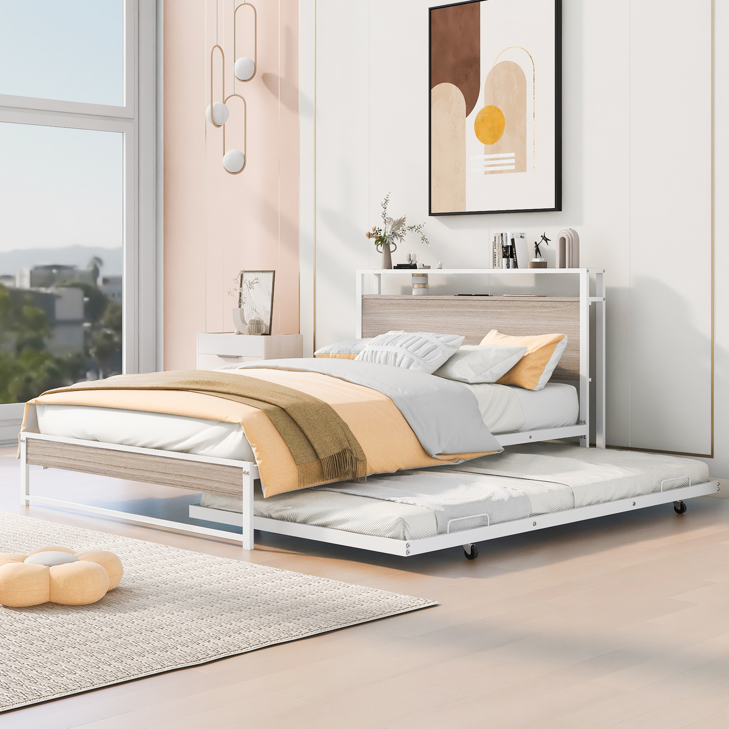 Metal Platform Bed Frame with Trundle, USB Ports and Slat Support, No Box Spring Needed