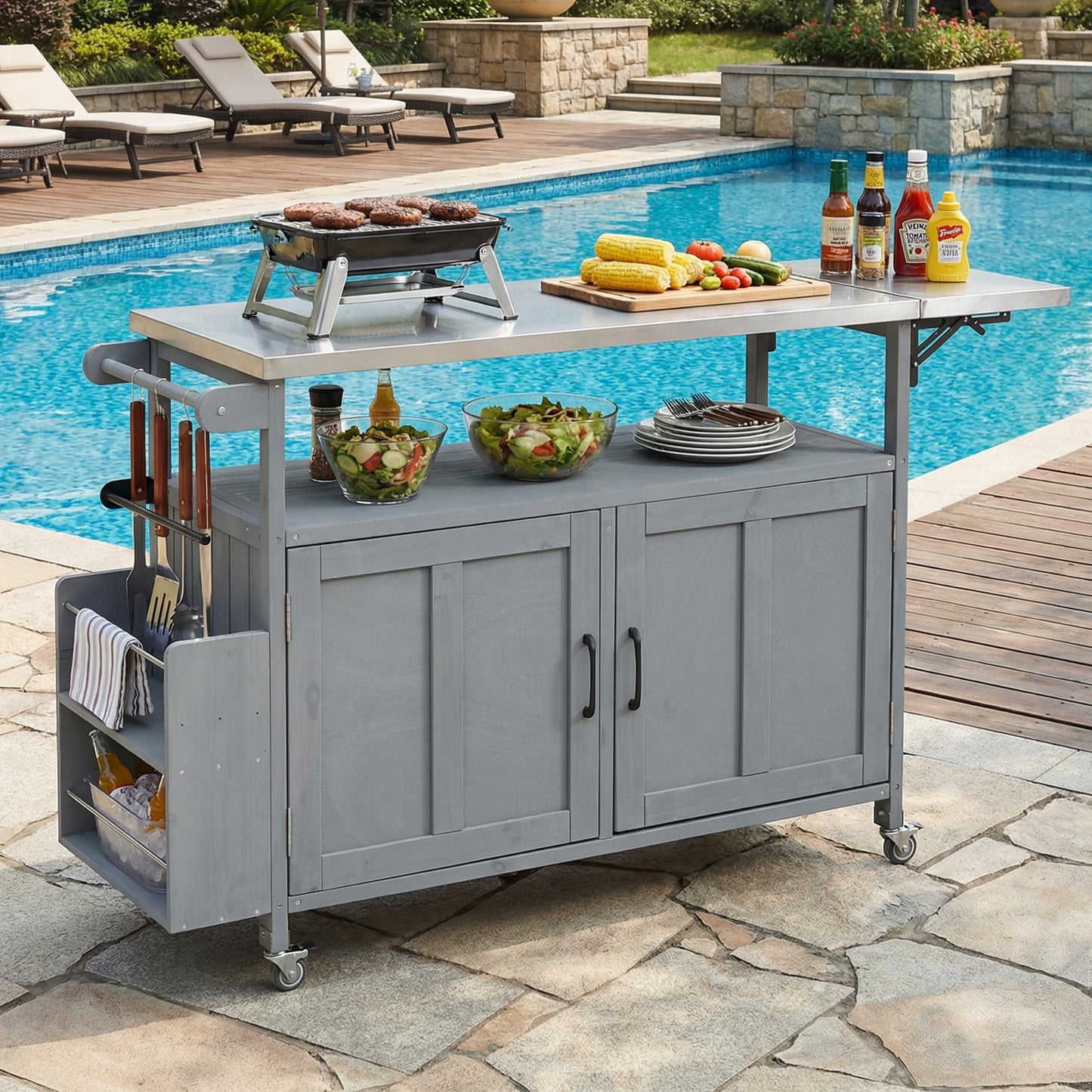 Foldable Outdoor Kitchen Island Patio Mobile Kitchen Cart Portable Outdoor Cooking Island with Lockable Wheels