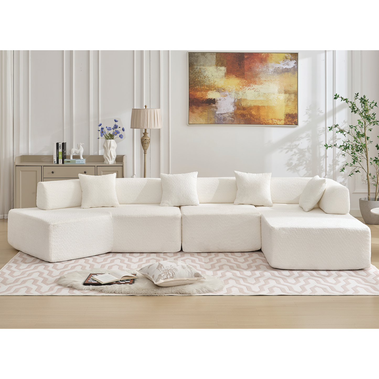 Modern Minimalist 140" L-Shape Couch ,No Assembly Required,Boucle,Modular Sofa ,Couch with Chaise,Free Combination Foam-Filled Sofa, 4 Seats,White