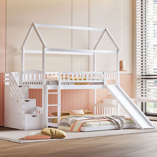 Bunk Bed, Twin Over Full, Pine with Slide and House Frame for Shared Bedroom or Guest Room