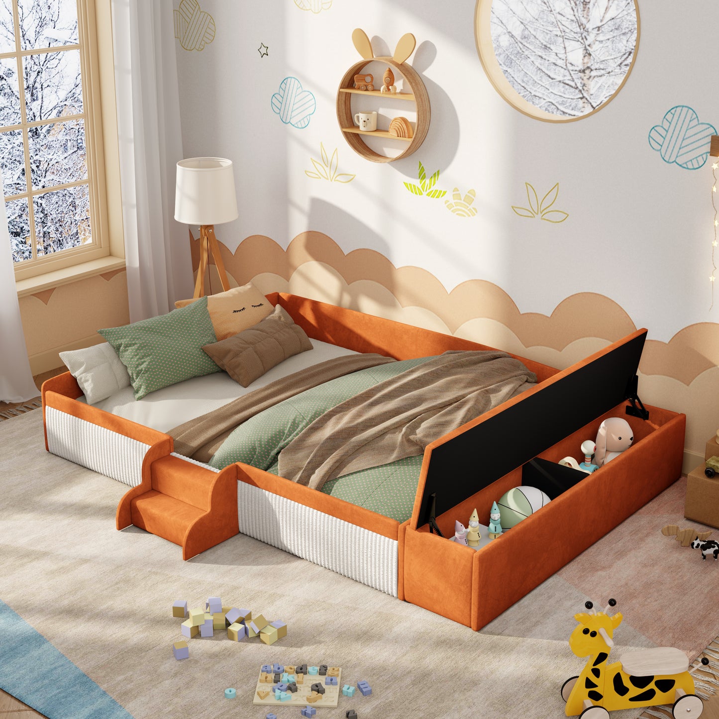 Velvet Upholstered Daybed with Stairs & Gas Lift Storage Ottoman, Contrast Color, Padded Guardrails