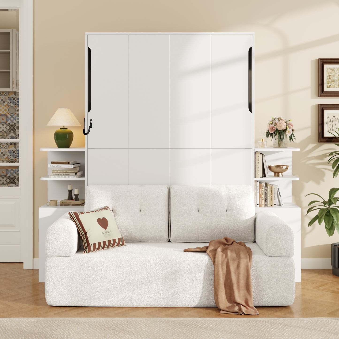 Full Size Wall Murphy Bed with Sofa and Storage Cabinets, Space-Saving Wall Bed for Home Office