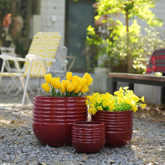 Handmade Glazed Ceramic Planter Set of 3, Deep Red Breathable Clay Plant Pots with Horizontal Groove Design for Indoor & Outdoor Plants