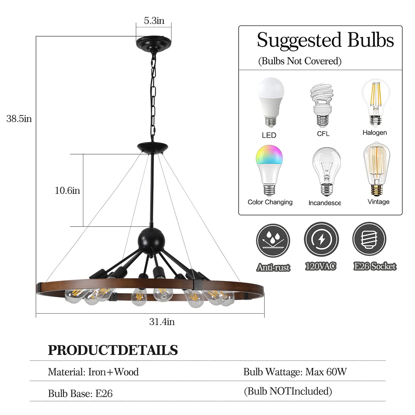 (New SKU:W1340P206642) 8-Light Retro Farmhouse Chandelier For Kitchen, Living room, Dining room Red and Walnut(No Bulbs)