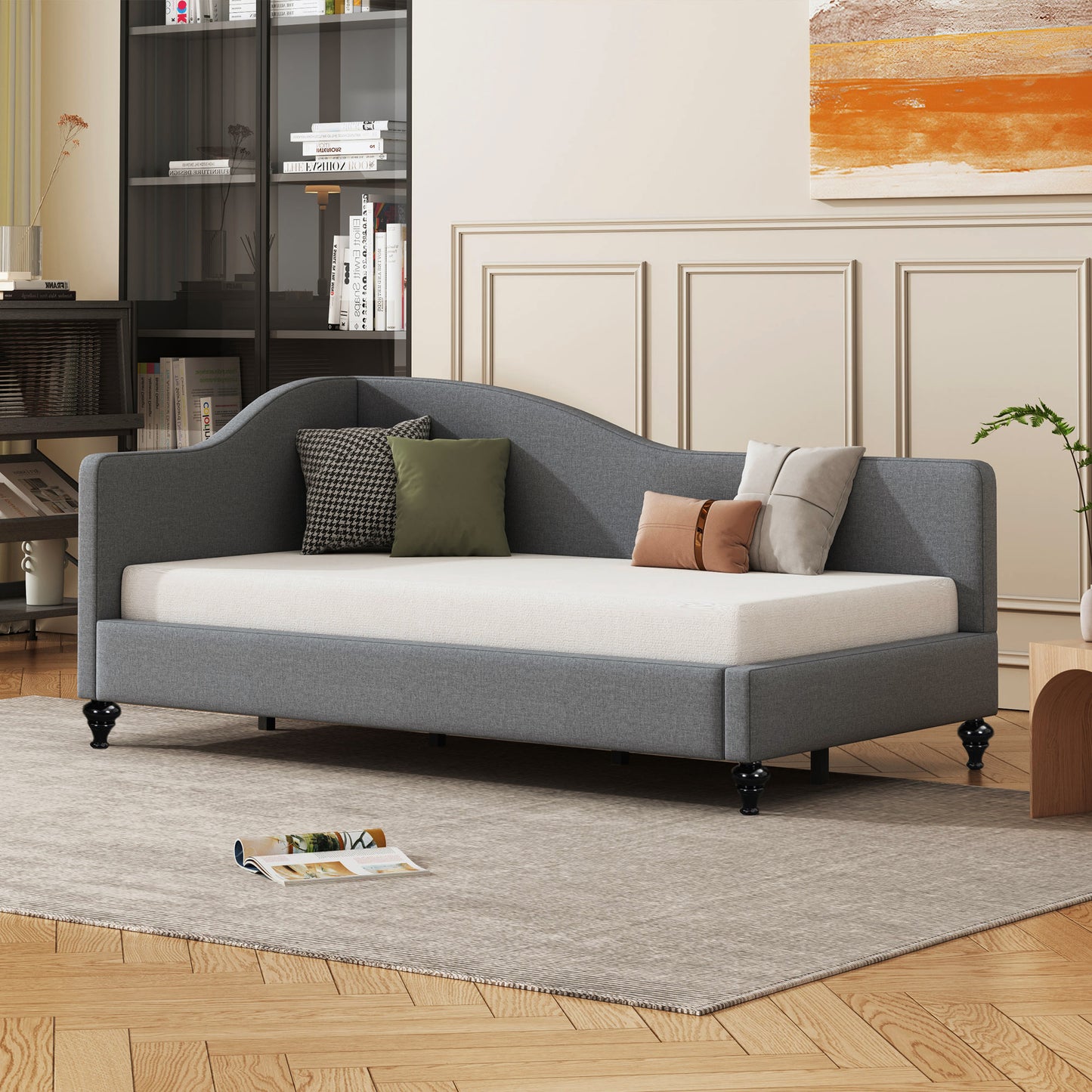 Modern L-Shaped Linen Daybed with Solid Wood Legs and MDF Construction
