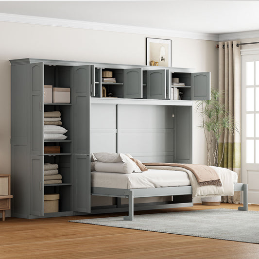 Murphy Wall Bed Queen Gray MDF and LVL with Storage for Bedroom and Guest Room