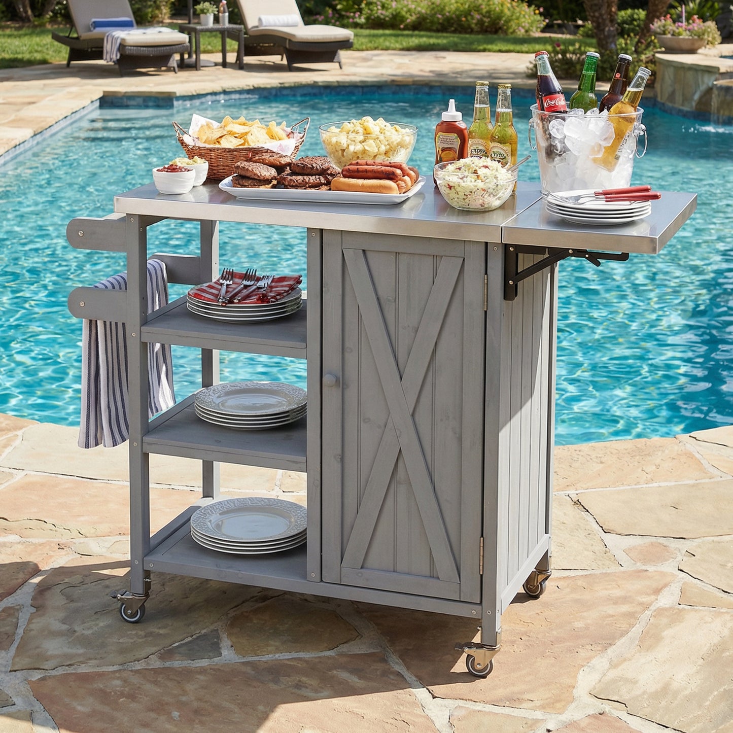 Foldable Outdoor Kitchen Island Patio Kitchen Island Outdoor Kitchen Cart Portable Prep Station with Lockable Wheels,