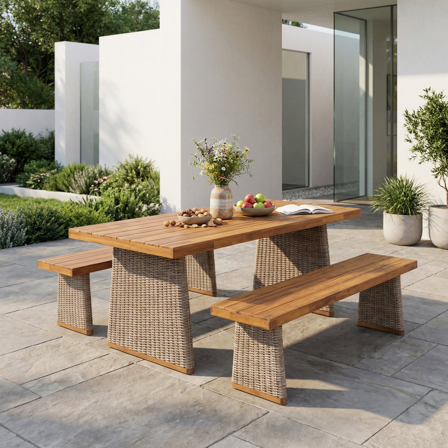 Outdoor 3-Piece Acacia Wood Dining Set with Handwoven Rattan Legs – Patio Table and Bench Set with Slatted Design