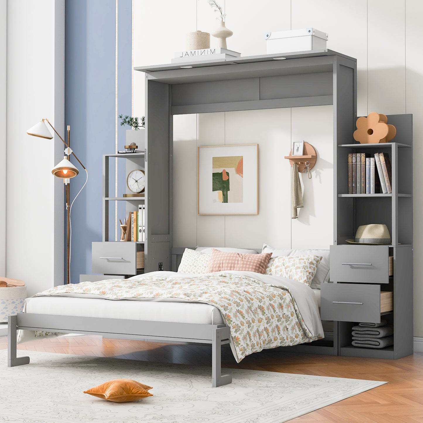Queen Size Murphy Bed Wall Bed with Shelves, Drawers and LED Lights