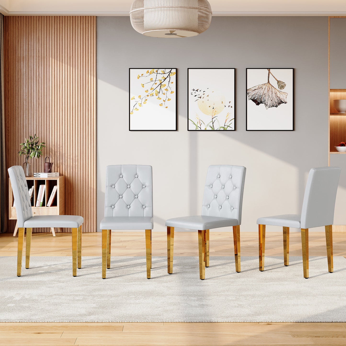 PU Leather Dining Chair – Ergonomic Buckle Backrest Chair with Metal Legs, 35" Upholstered Dining Seating