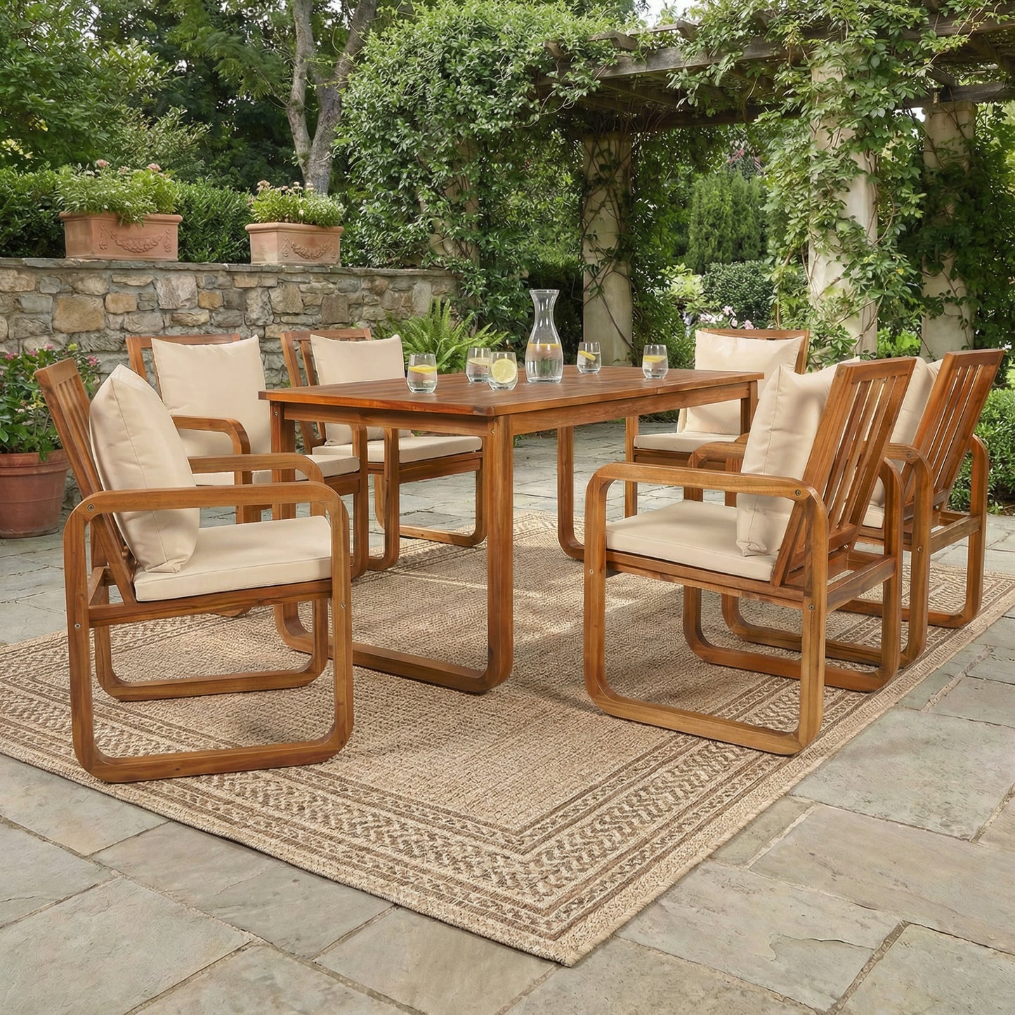 7 Pieces Patio Dining Set Outdoor Dining Table and Chairs with Removable Cushions, Natural Wood