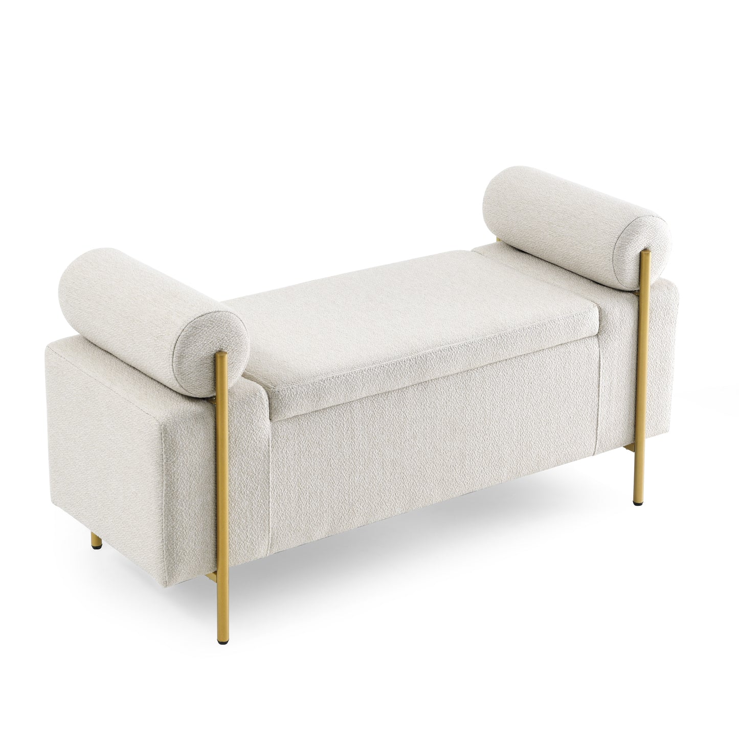 Elegant Upholstered Storage Bench with Cylindrical Arms and Iron Legs