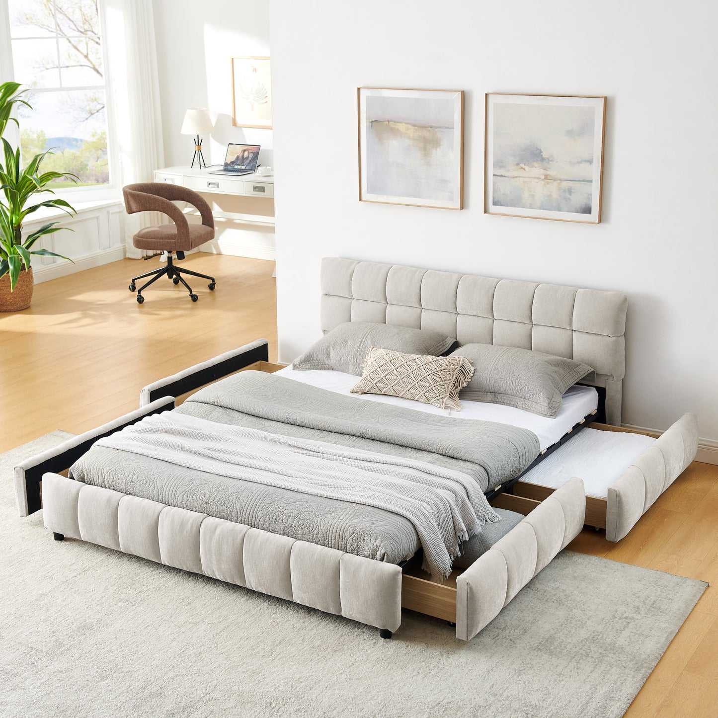 Queen Size Upholstered Bed Frame with Storage Drawer, Chenille Fabric
