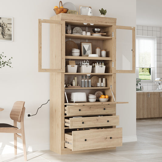 Kitchen Pantry Cabinet MDF Natural with Adjustable Shelves and Storage for Kitchen or Dining Storage