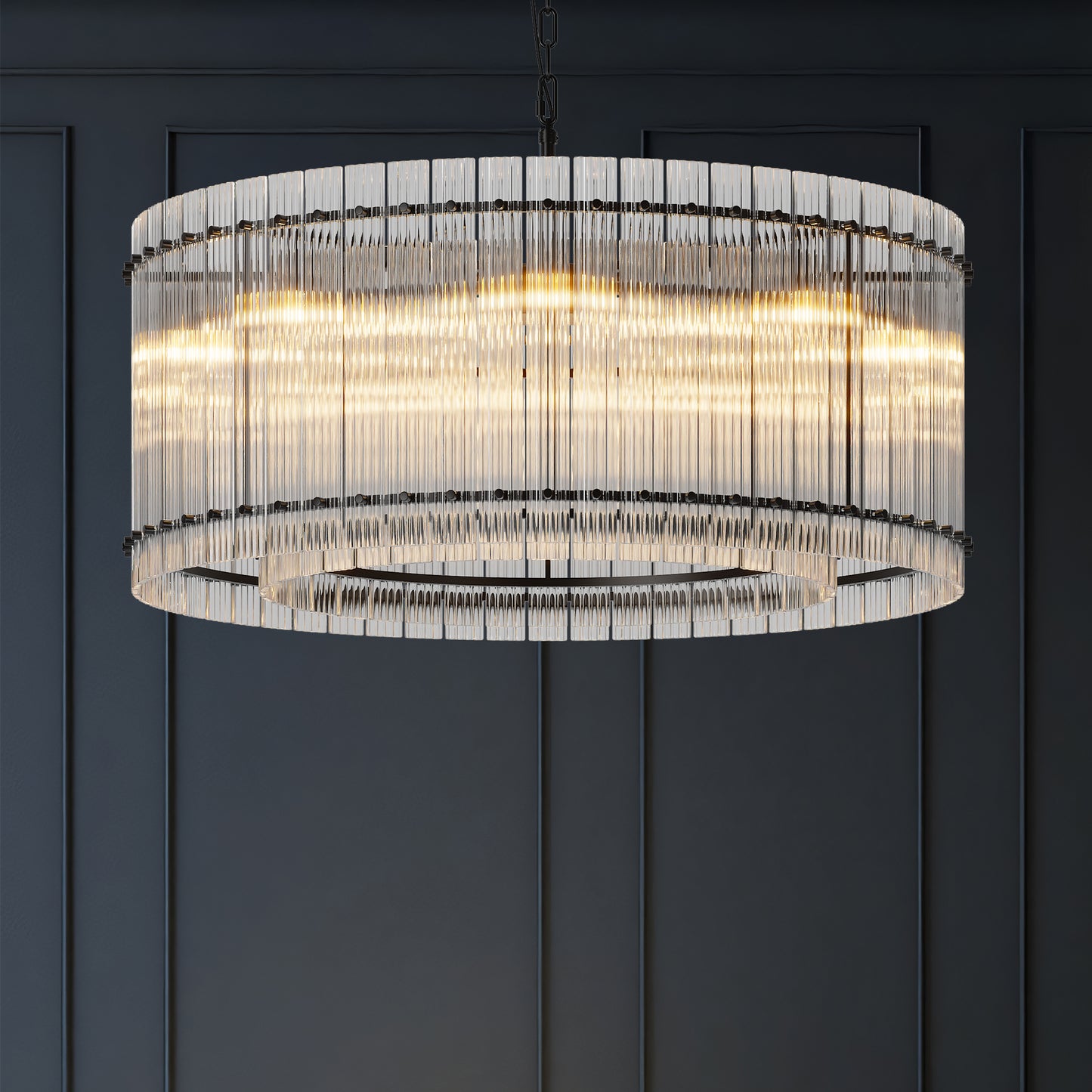 37' Modern Round Chandelier, 2-Tier 8-Light Water Ripple Crystal Glass