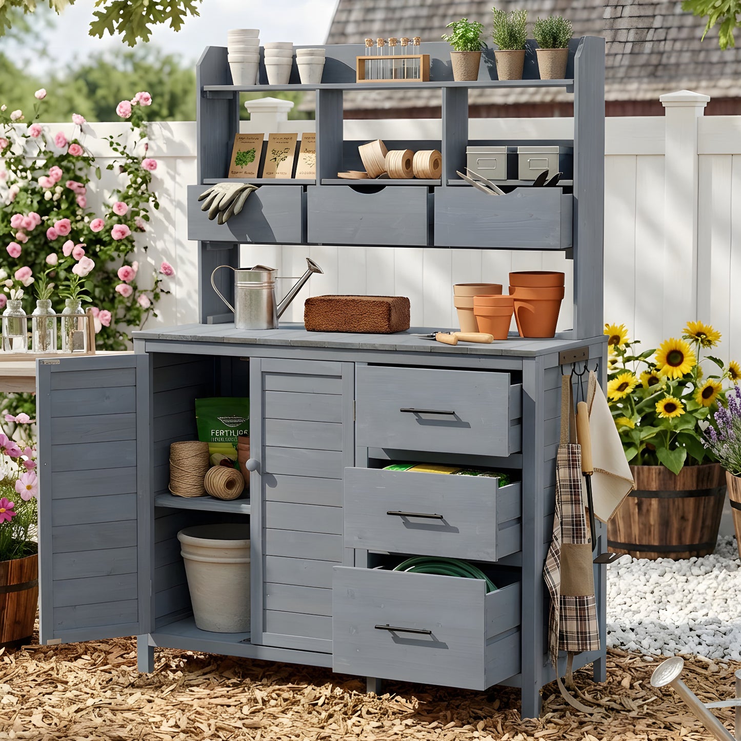 Farmhouse Patio Potting Bench, 44.6''x19.5'' Large Freestanding Garden Workstation with 6 Drawers, Bottom Cabinet and Si