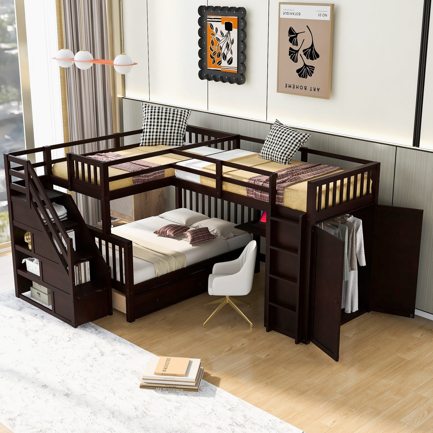 Twin-Twin over Full L-Shaped Bunk Bed With 3 Drawers, Portable Desk and Wardrobe