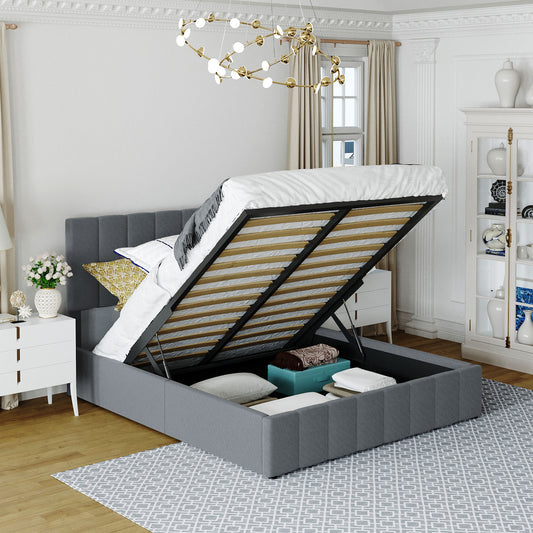 Platform Bed Frame, Queen Size, Upholstered with Hydraulic Lift Storage and Upholstered for Bedroom or Guest Room