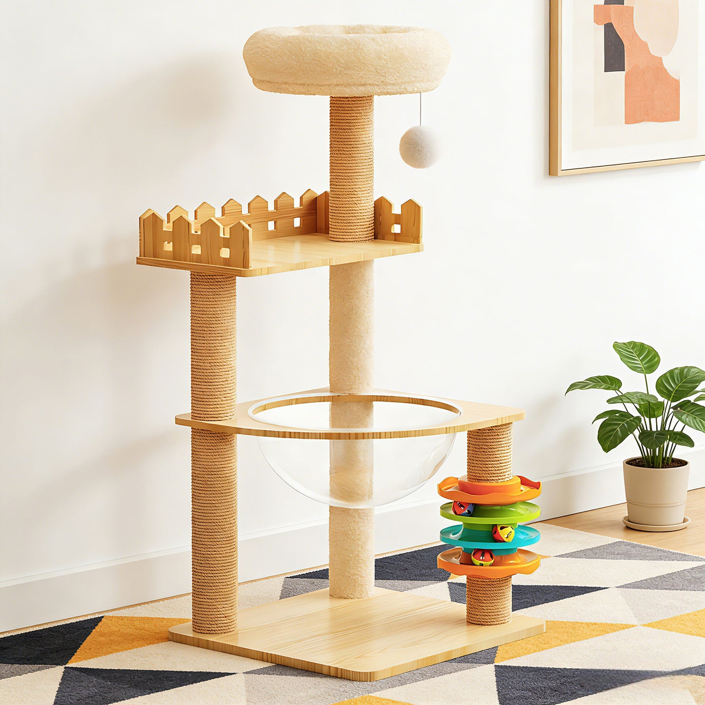 39.3" Modern Wood Cat Tree Tower – Indoor Cat Condo with Sisal Scratching Posts, Acrylic Hammock, Top Perch & Interactive Toys for Small and Large Cats
