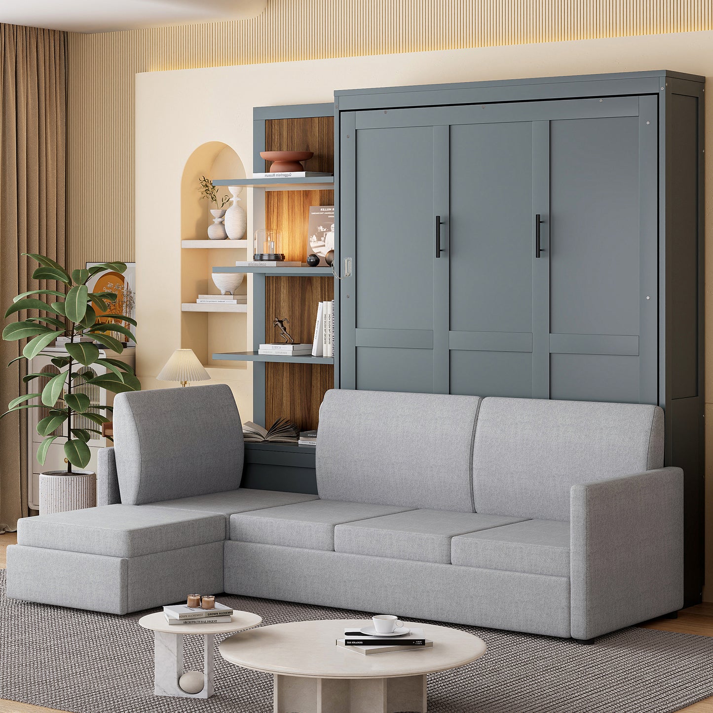 Queen Size Murphy Bed Wall Bed with Sofa and Shelves