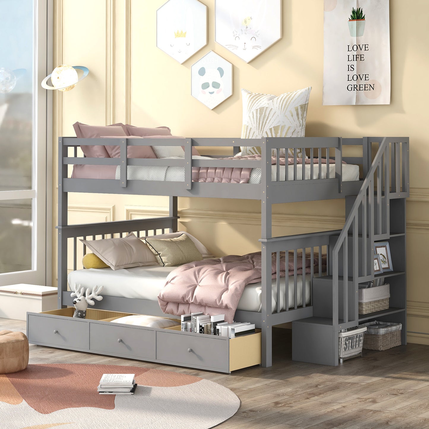 Stairway Full-Over-Full Bunk Bed with Drawer, Storage and Guard Rail for Bedroom