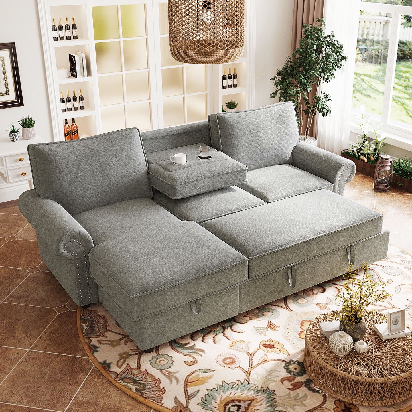 95' Convertible Sectional Sleeper Sofa with Storage Chaise ,2 Cup Holder