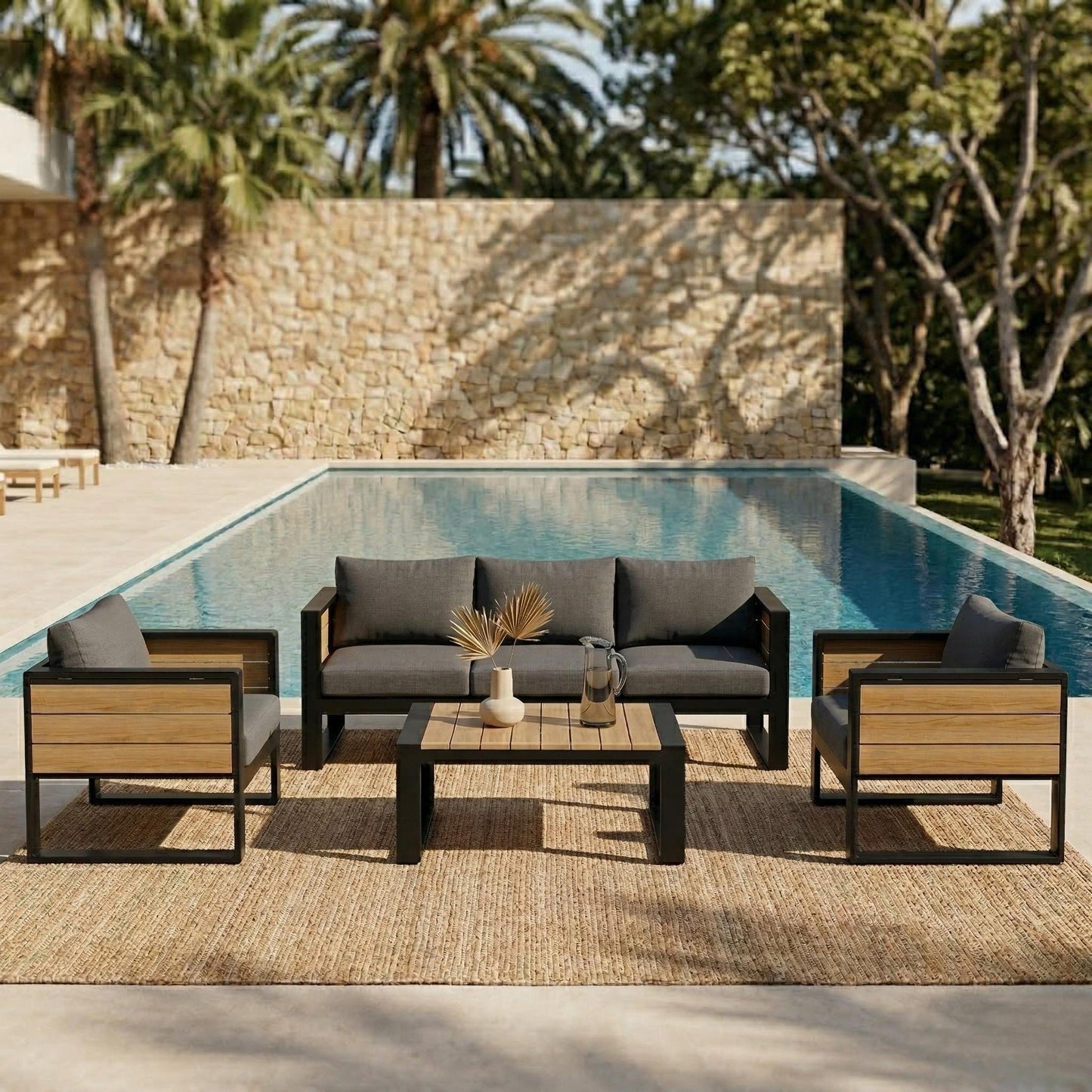 Large 4-Piece Outdoor Patio Furniture Set for 5 Person, 3-Seater Sofa, 2 Armchairs with Fold-Out Side Tables, Aluminum F
