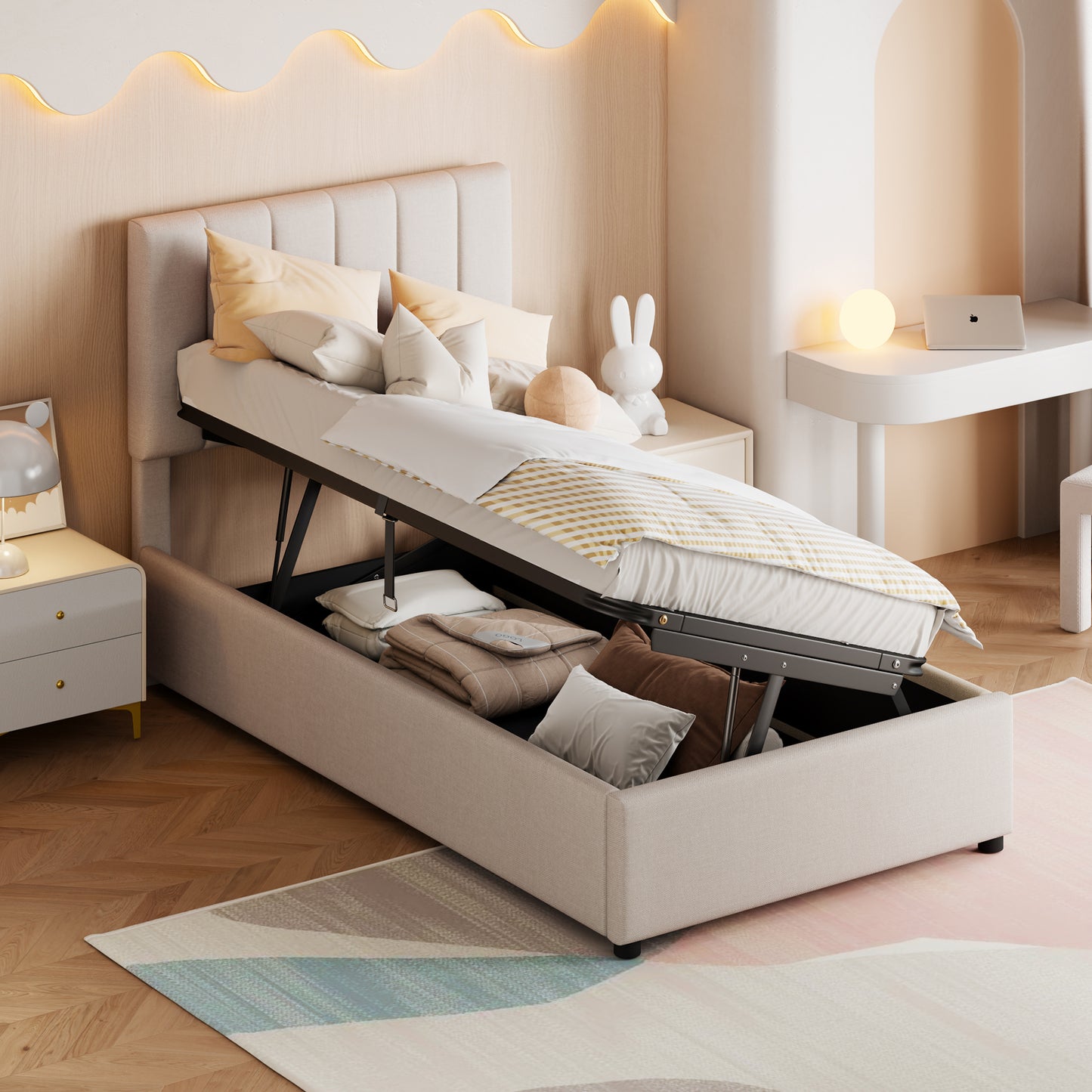 Twin Size Upholstered Platform Bed with a Hydraulic Storage System