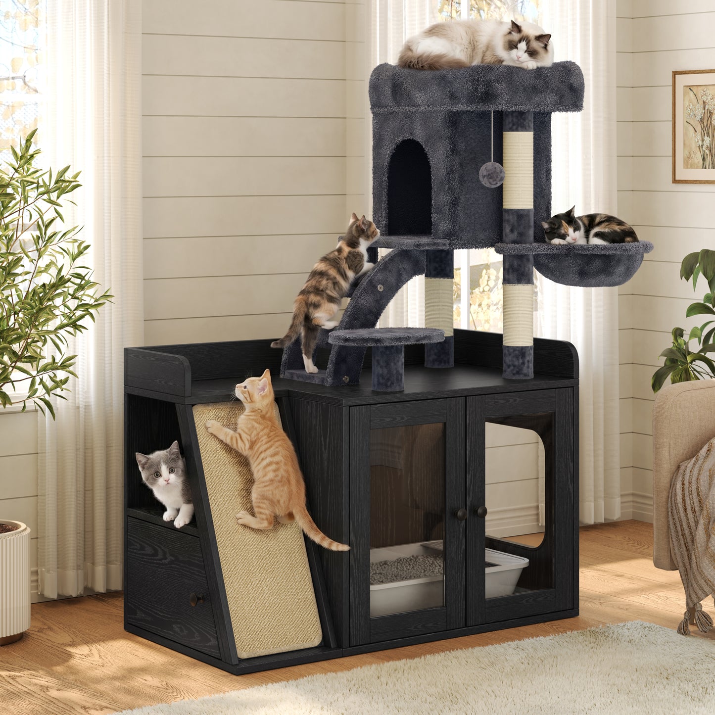 Litter Box Enclosure with Cat Tree, Hidden Litter Box with LED Light, Sisal Scratching Board and Storage Space, Modular