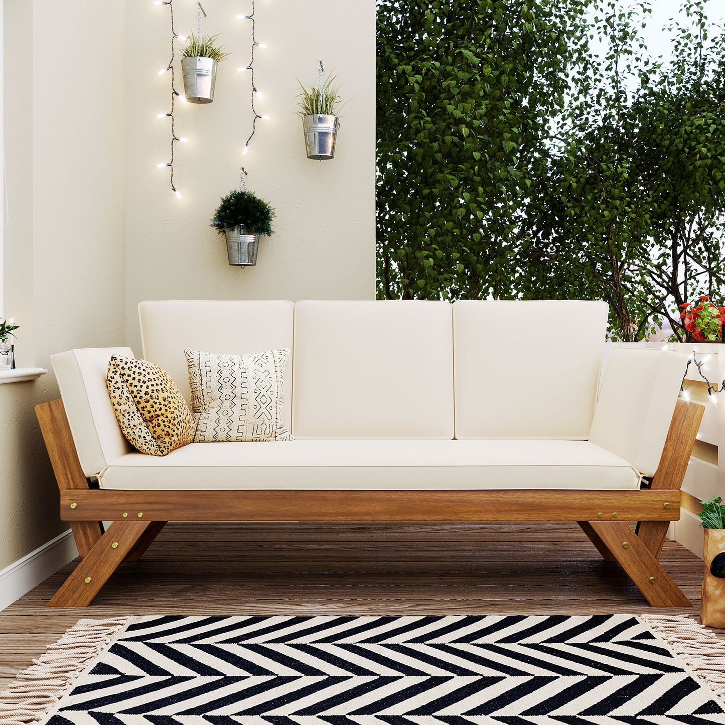 Outdoor Adjustable Patio Wooden Daybed Sofa Chaise Lounge with Cushions for Small Places