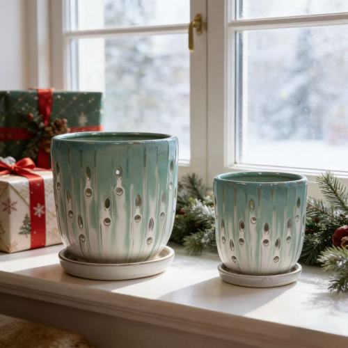 Set of 2 Ceramic Flowerpot with Drainage Hole, 8' Modern Planter for Patio, Garden, Windowsill - White Green