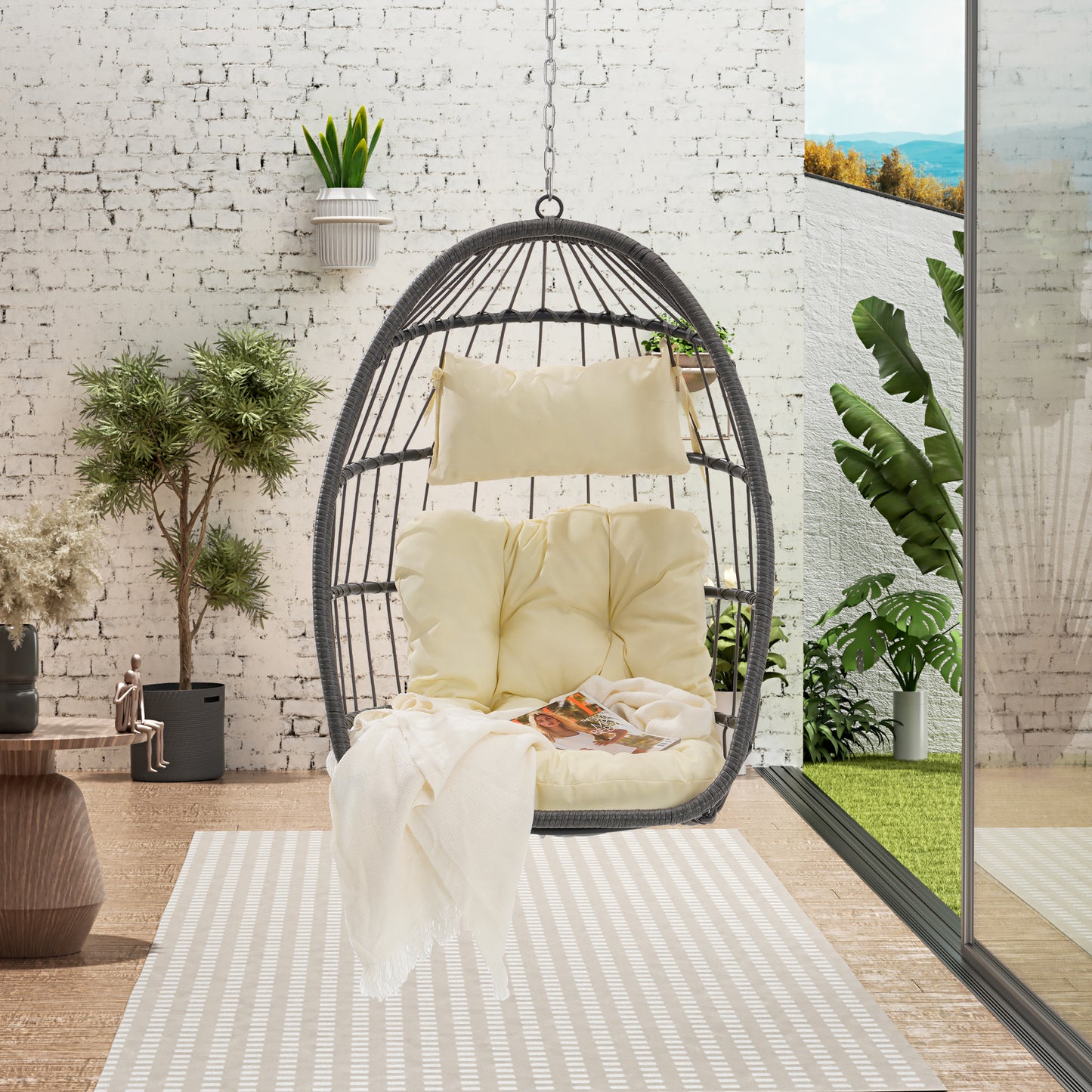 Outdoor Rattan Egg Swing Chair,  Hanging Patio Egg Chair for Garden & Balcony, PE Wicker Hanging Chair with Steel Frame
