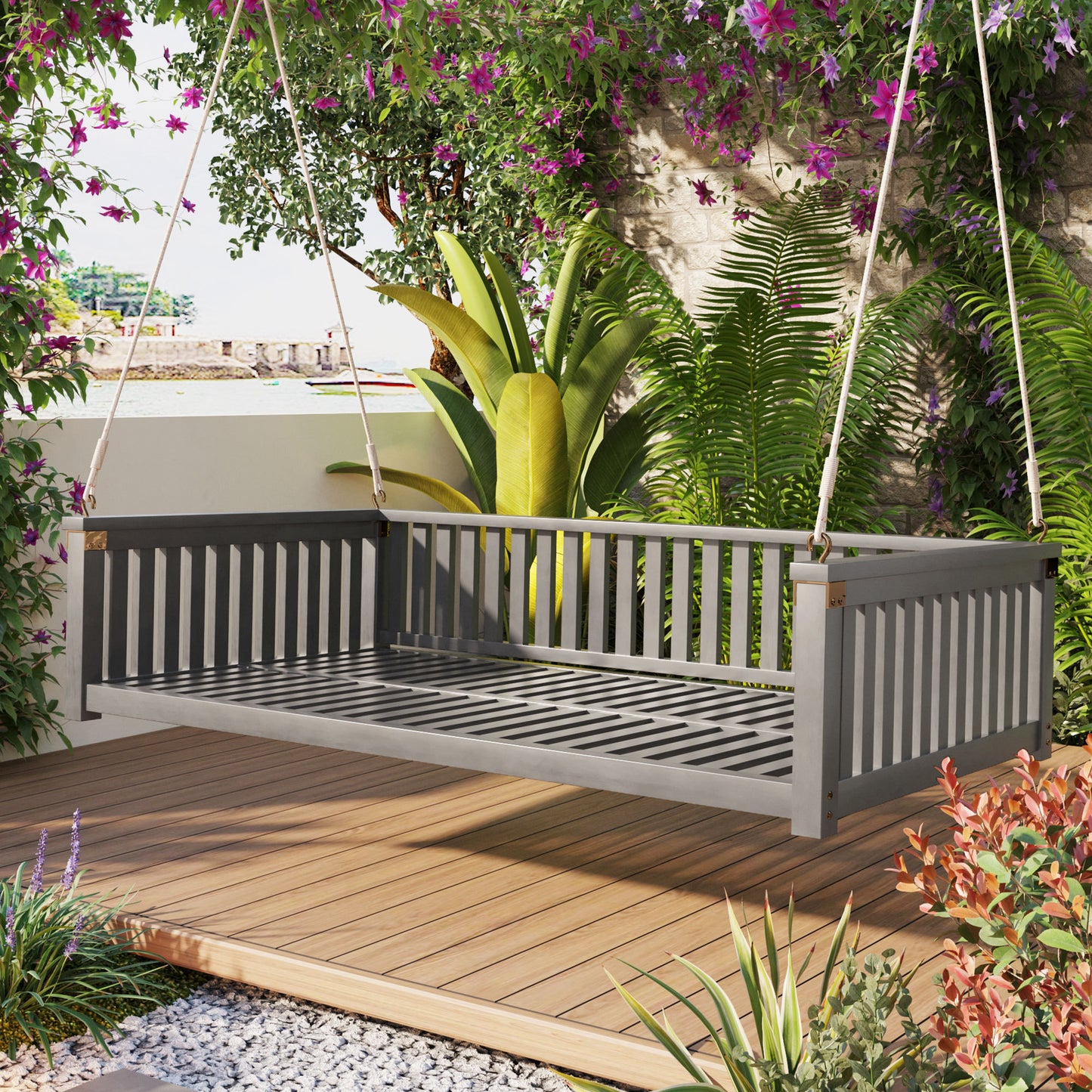 Patio Minimalist Twin Size Garden Swing Bed Wood Porch Swing with Ropes for Backyard, Safe Sloped Design