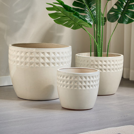 Handmade White Ceramic Planter Set of 3 with Diamond Pattern, Breathable Clay Flower Pots for Succulents, Herbs & Indoor Outdoor Decor